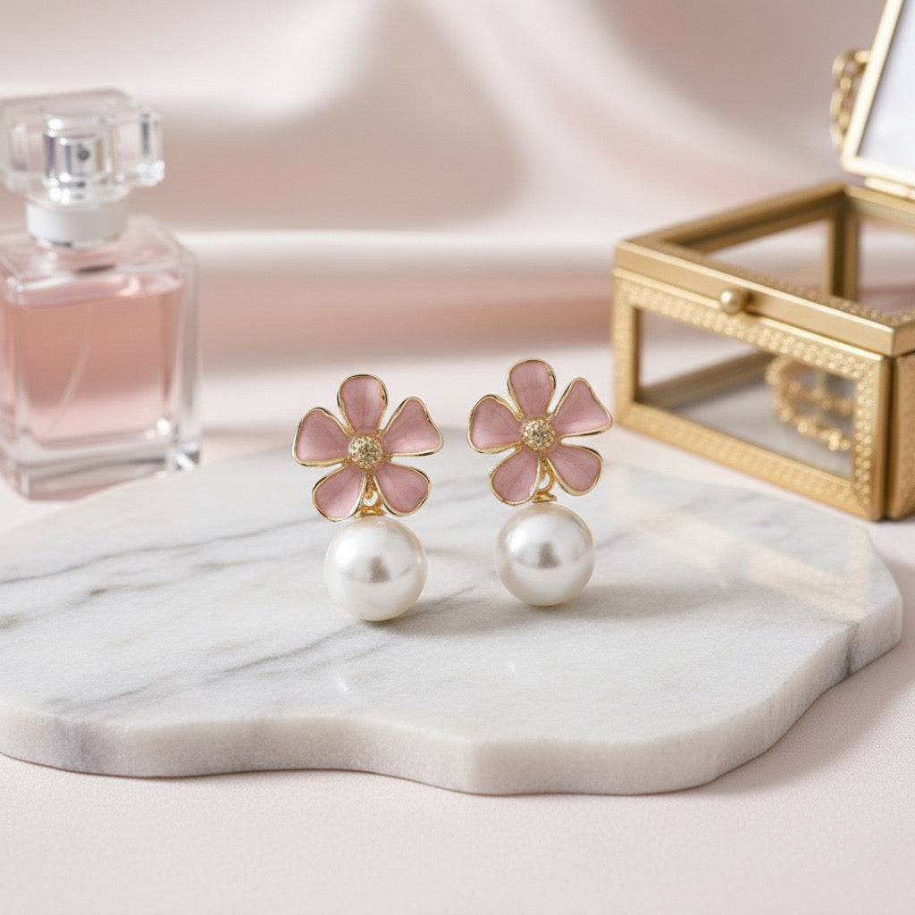 Charming Pink Enamel Floral Stud Earrings with Round Pearl Dangle