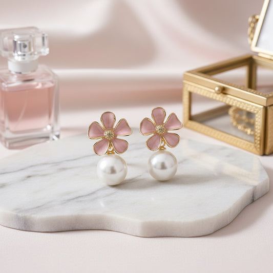 Charming Pink Enamel Floral Stud Earrings with Round Pearl Dangle