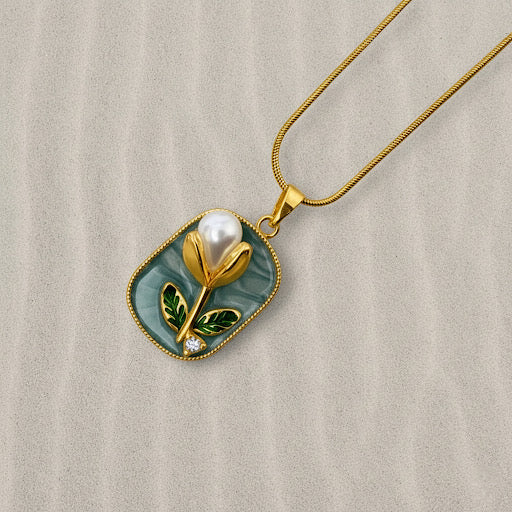 Elegant Gold Plated Chain with Enamel Leaf Design Pearl Flower Pendant Necklace