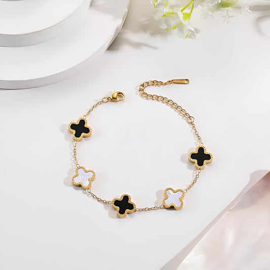 Black & White Four-Leaf Charm Chain Gold Plated Clover Bracelet for Women