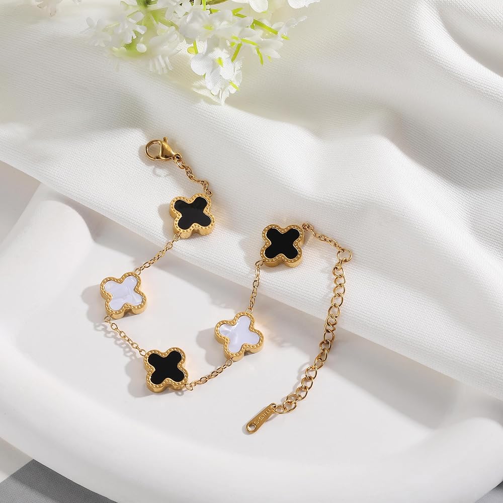 Black & White Four-Leaf Charm Chain Gold Plated Clover Bracelet for Women