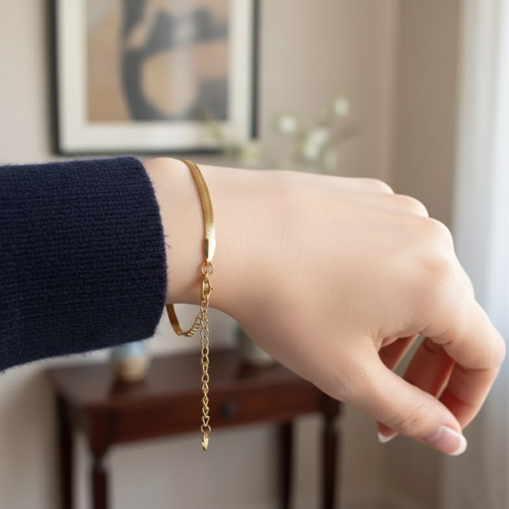 Gold Plated Snake Chain Bracelet for Women with Heart Charm