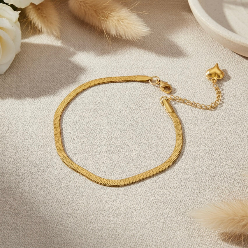 Gold Plated Snake Chain Bracelet for Women with Heart Charm