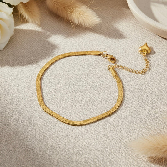 Gold Plated Snake Chain Bracelet for Women with Heart Charm