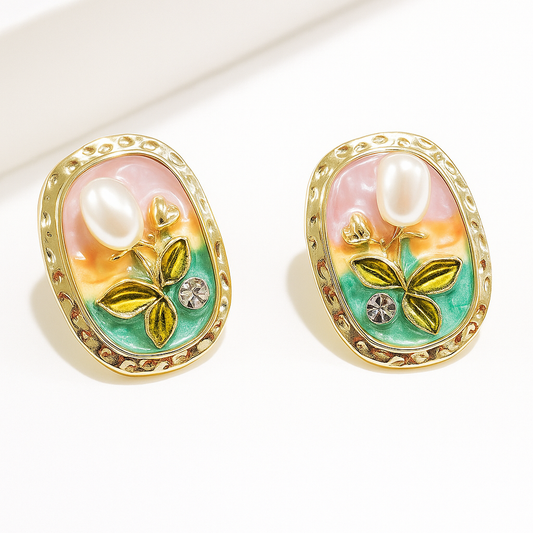 Gold Plated Floral Enamel Korean Vintage Pearl & Crystal Earrings for Women
