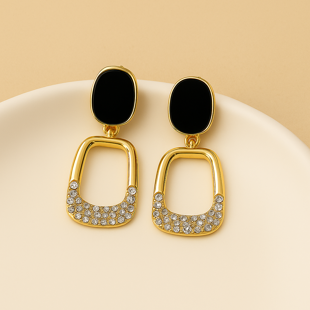 Elegant Lightweight Gold Plated Dangle Earrings With Black Enamel & American Diamonds