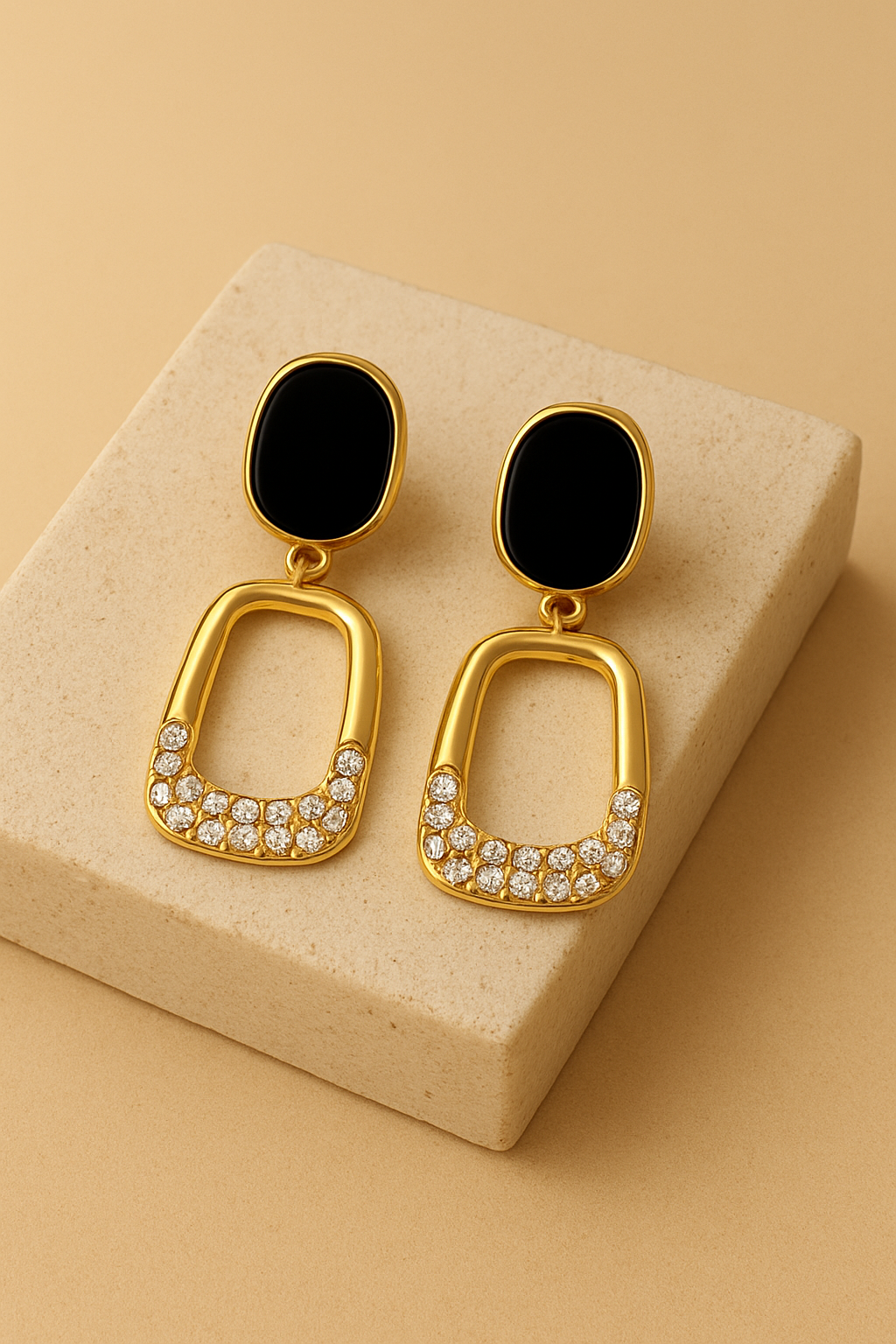 Elegant Lightweight Gold Plated Dangle Earrings With Black Enamel & American Diamonds