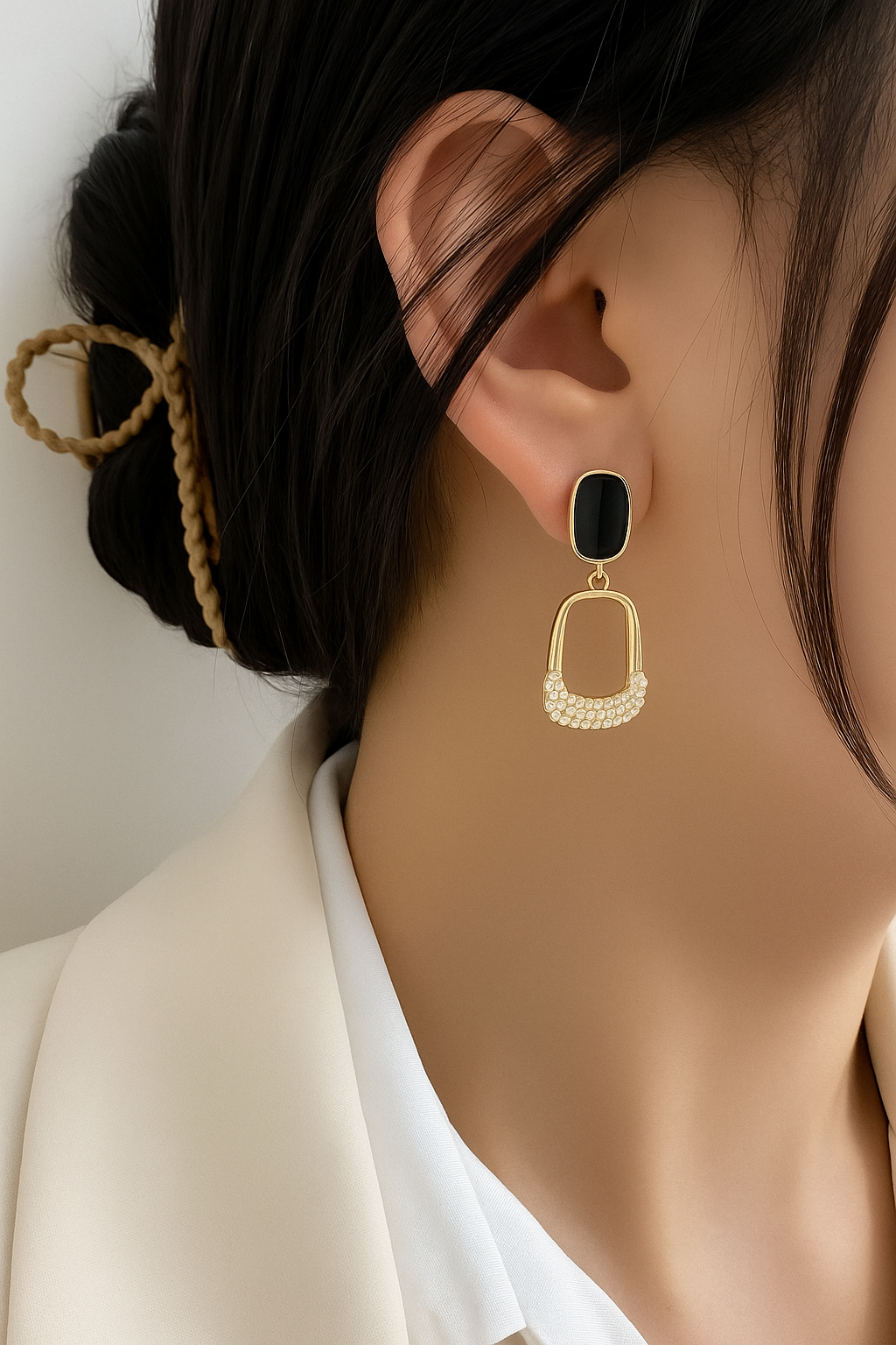 Elegant Lightweight Gold Plated Dangle Earrings With Black Enamel & American Diamonds