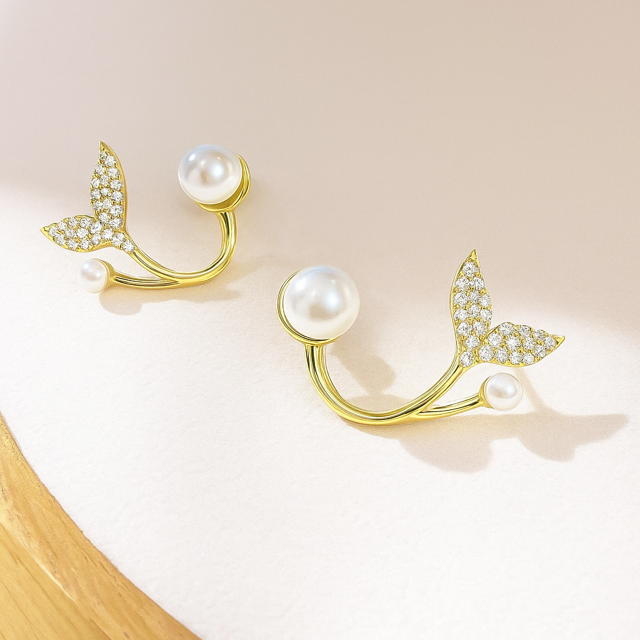 Double Pearl Ear Climber Stud Wrap Earrings For Women