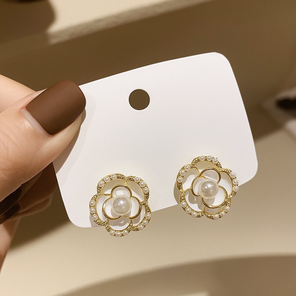 Luxury Gold Plated White Enamel Pearl Flower Stud Earrings for Women