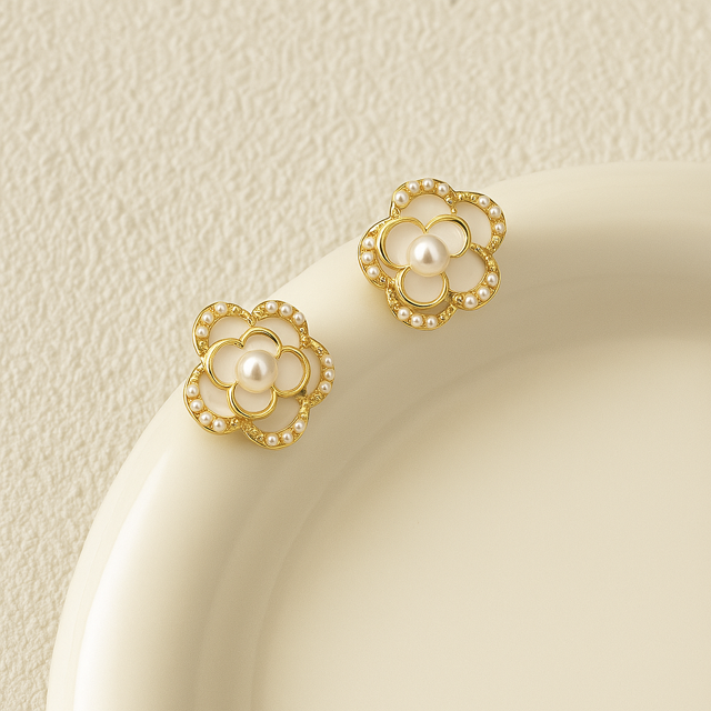 Luxury Gold Plated White Enamel Pearl Flower Stud Earrings for Women