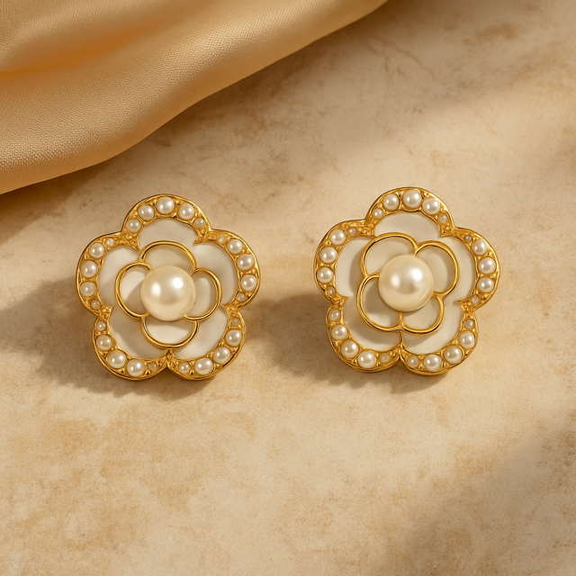 Luxury Gold Plated White Enamel Pearl Flower Stud Earrings for Women
