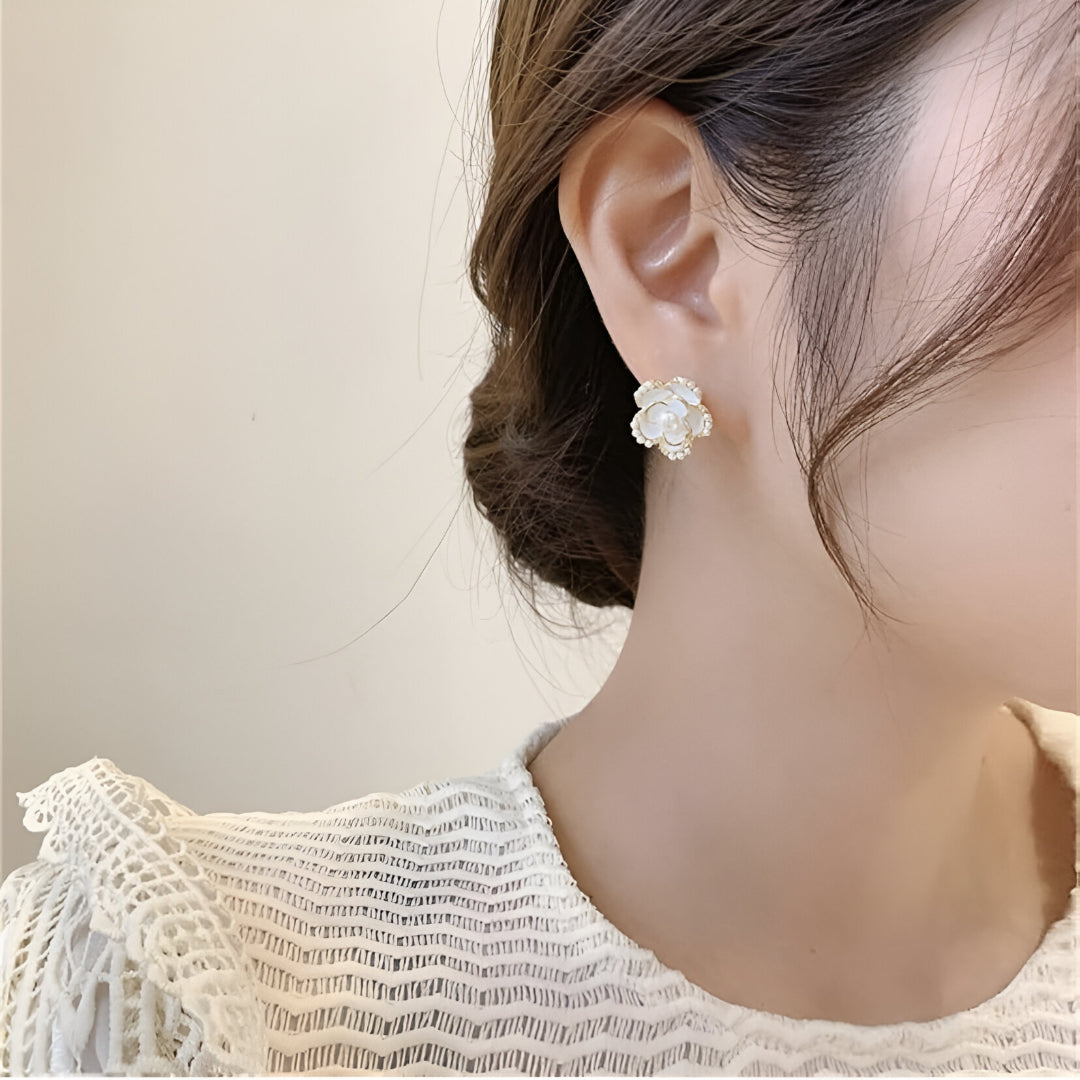 Luxury Gold Plated White Enamel Pearl Flower Stud Earrings for Women