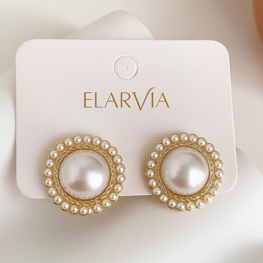 Elegant Pearl Stud Earrings With Faux Pearl Border For Her