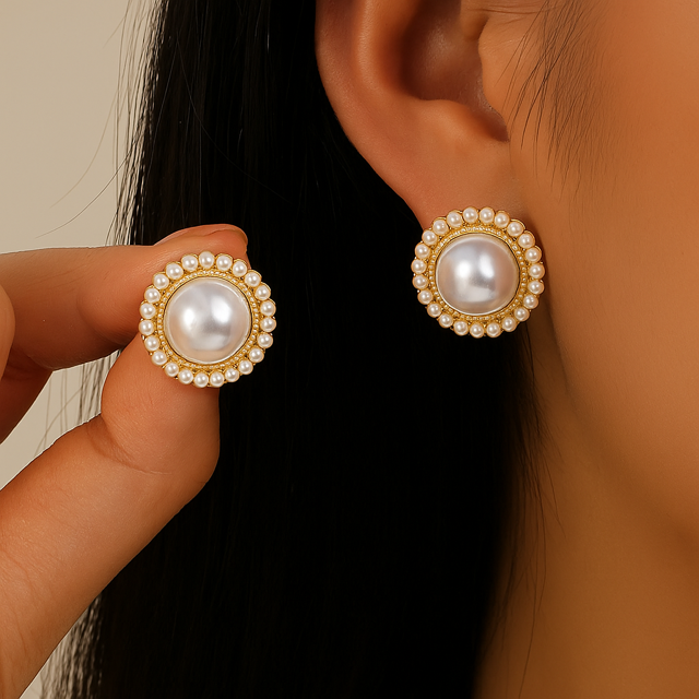 Elegant Pearl Stud Earrings With Faux Pearl Border For Her