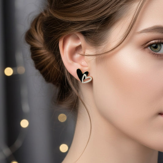 Double Heart Stud Earrings – Black Enamel & Crystal Rhinestone Gold-Tone Earrings