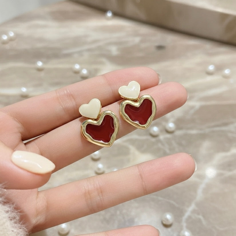 Trendy Double Heart Red and White Enamel Heart Studs for Women
