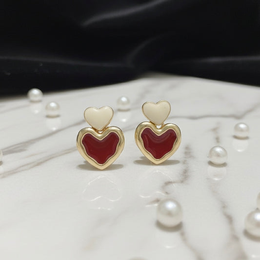 Trendy Double Heart Red and White Enamel Heart Studs for Women