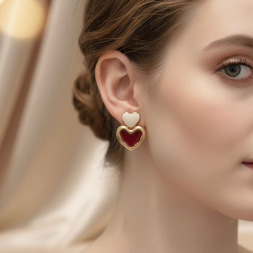 Trendy Double Heart Red and White Enamel Heart Studs for Women