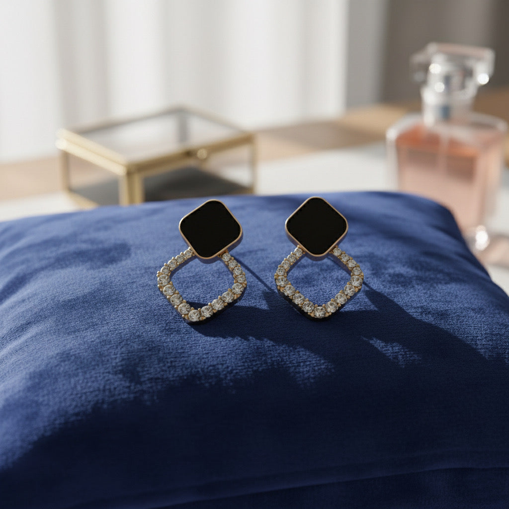 Trendy Black Enamel  Crystal Rhinestone Studded Square Drop Earrings