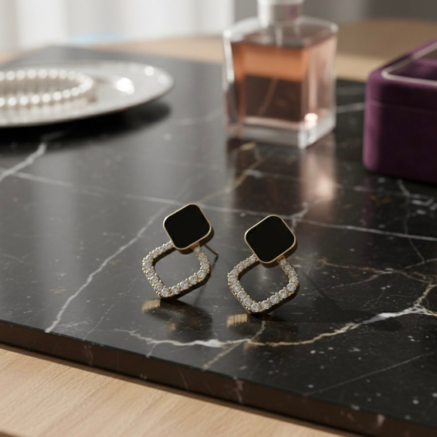 Trendy Black Enamel  Crystal Rhinestone Studded Square Drop Earrings