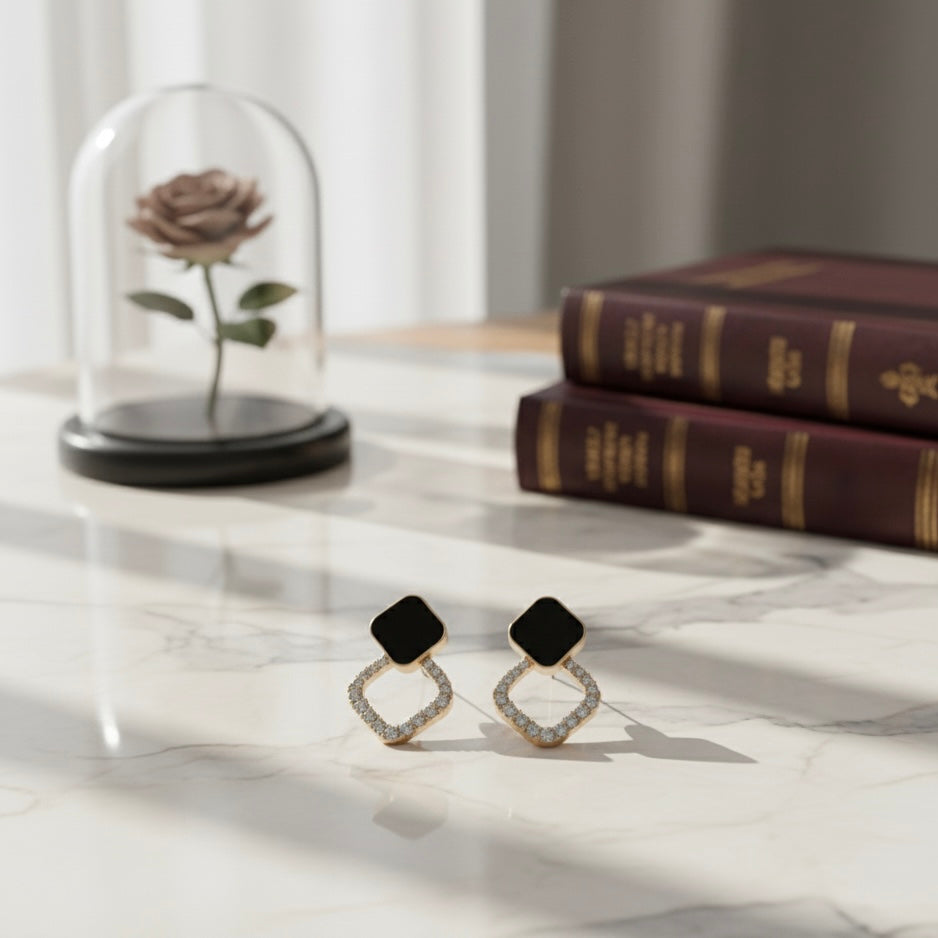 Trendy Black Enamel  Crystal Rhinestone Studded Square Drop Earrings