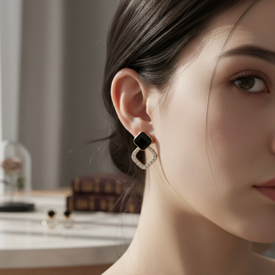 Trendy Black Enamel  Crystal Rhinestone Studded Square Drop Earrings