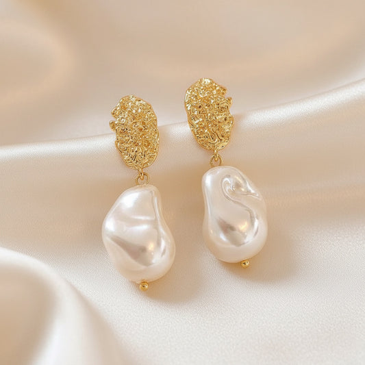 Gold Plated Vintage Baroque Pearl Drop Earrings for Women