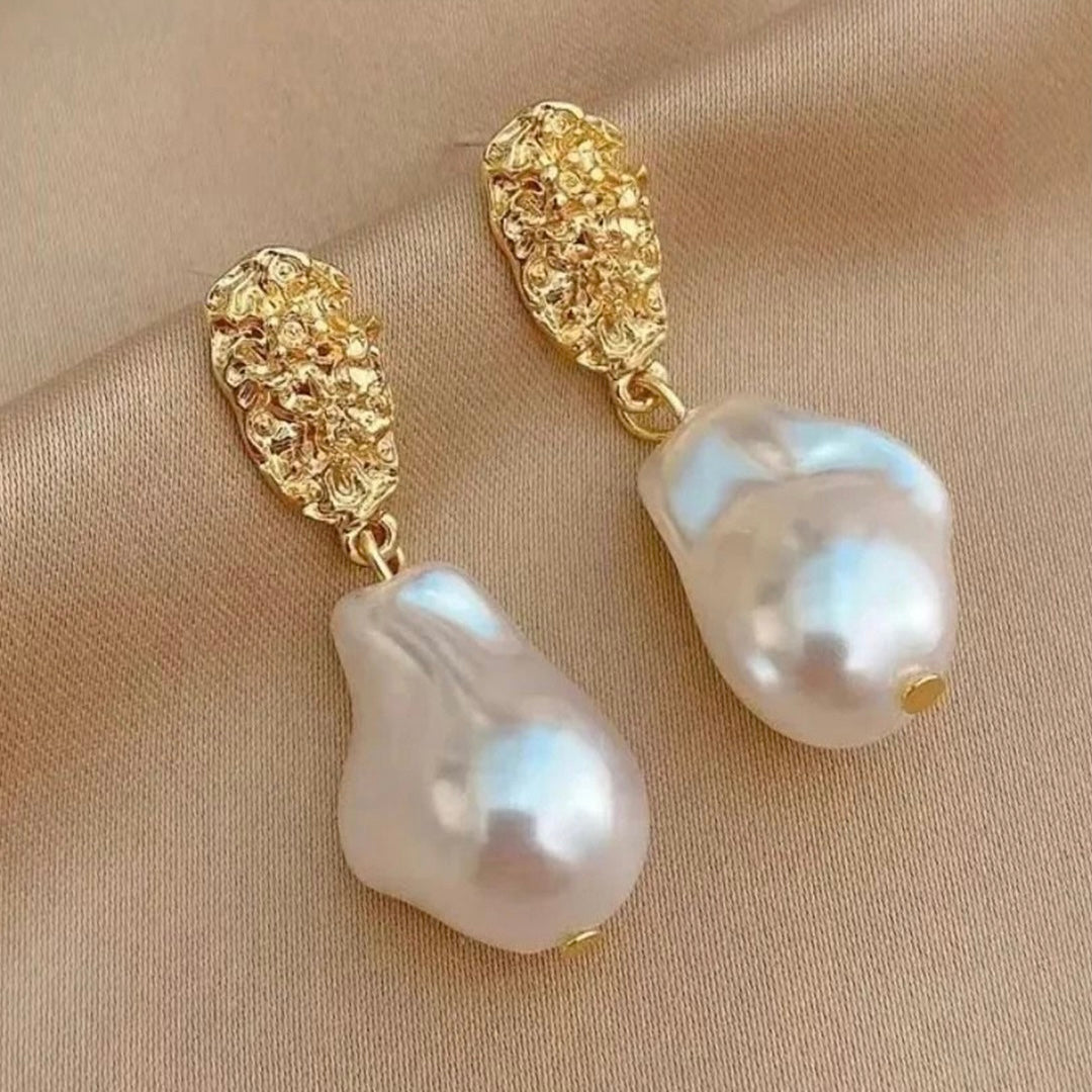 Gold Plated Vintage Baroque Pearl Drop Earrings for Women