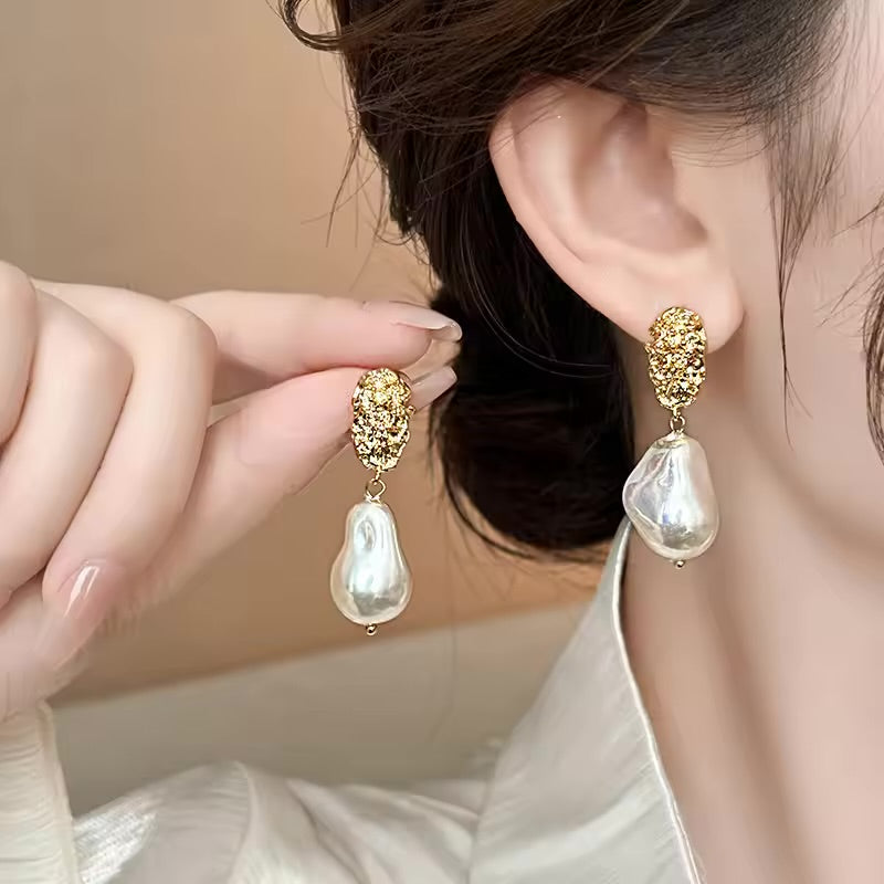Gold Plated Vintage Baroque Pearl Drop Earrings for Women