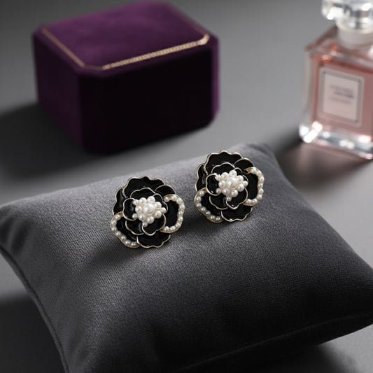 Elegant Black Enamel Vintage Floral Stud Earrings with White Bead Accents