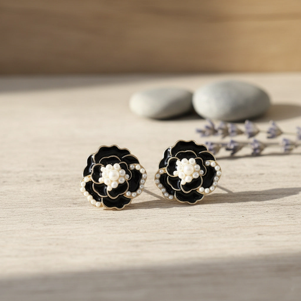Elegant Black Enamel Vintage Floral Stud Earrings with White Bead Accents