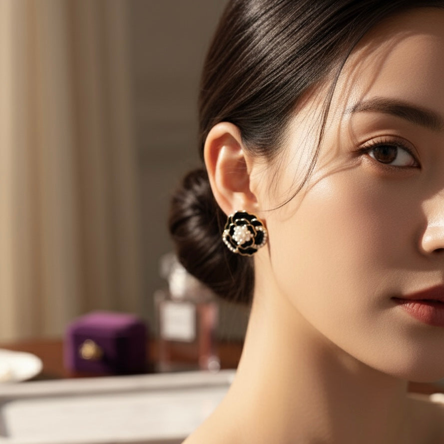 Elegant Black Enamel Vintage Floral Stud Earrings with White Bead Accents