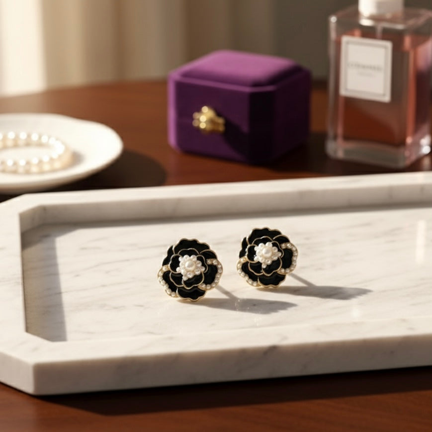 Elegant Black Enamel Vintage Floral Stud Earrings with White Bead Accents