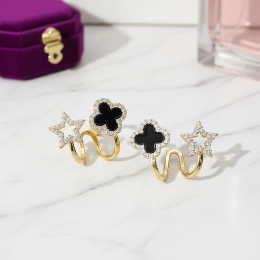 Trendy Asymmetric Clover & Star Black Enamel and Crystal Stud Design Earrings