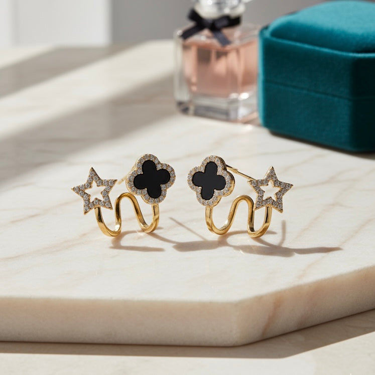 Trendy Asymmetric Clover & Star Black Enamel and Crystal Stud Design Earrings