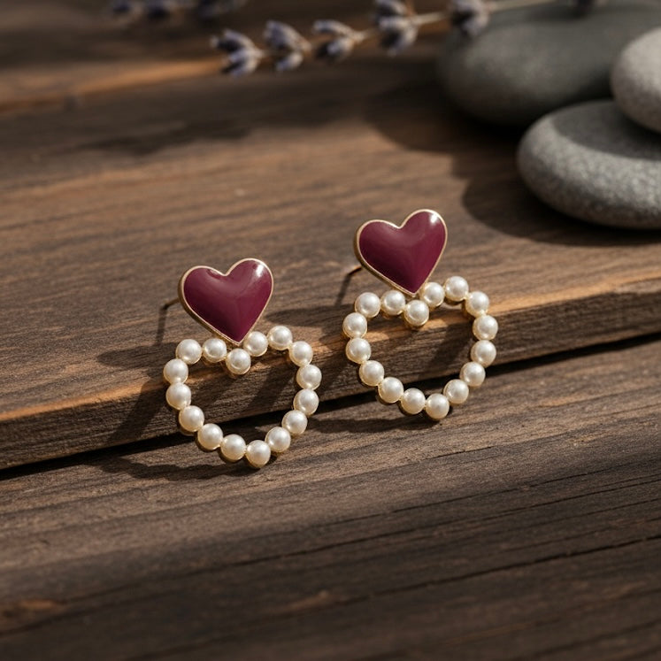 Cute Enamel Stud Drop Earrings, Romantic Love Heart Pearl Hoop Earrings