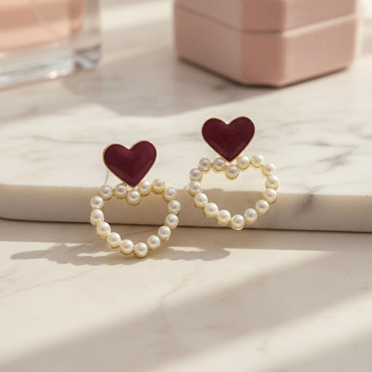 Cute Enamel Stud Drop Earrings, Romantic Love Heart Pearl Hoop Earrings