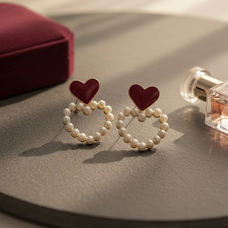 Cute Enamel Stud Drop Earrings, Romantic Love Heart Pearl Hoop Earrings