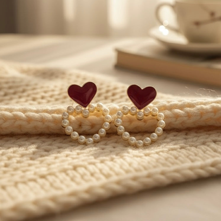 Cute Enamel Stud Drop Earrings, Romantic Love Heart Pearl Hoop Earrings