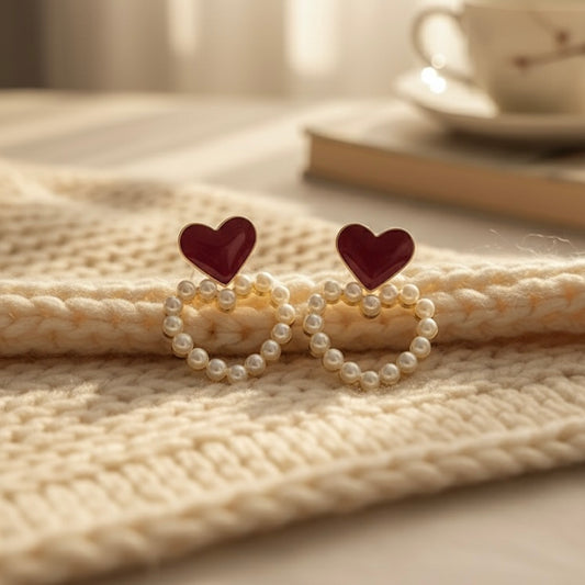 Cute Enamel Stud Drop Earrings, Romantic Love Heart Pearl Hoop Earrings