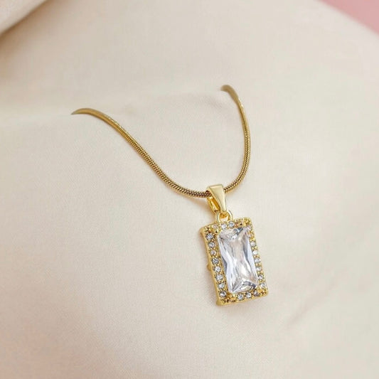 Luxury Rectangle Pendant with Sparkling Cubic Zirconia Stones Necklace for Women