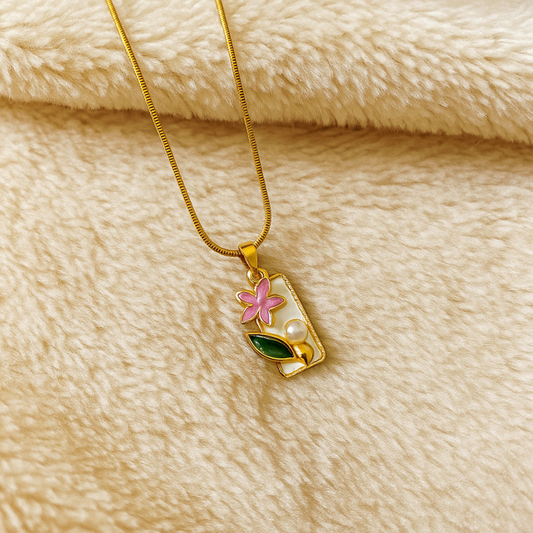Gold Plated Enamel Flower Rectangle Pendant with Pink Flower & Pearl Accent Necklace