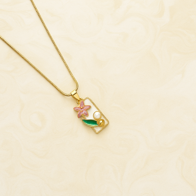 Gold Plated Enamel Flower Rectangle Pendant with Pink Flower & Pearl Accent Necklace