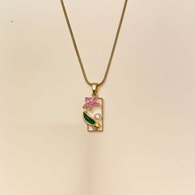 Gold Plated Enamel Flower Rectangle Pendant with Pink Flower & Pearl Accent Necklace