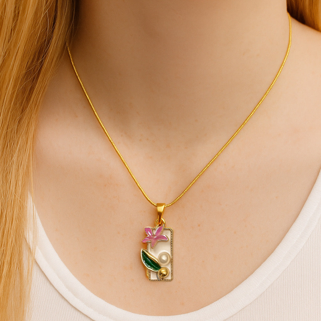 Gold Plated Enamel Flower Rectangle Pendant with Pink Flower & Pearl Accent Necklace