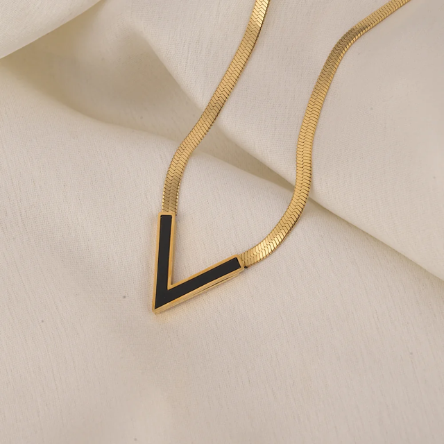 Gold Plated V Shape Black Enamel Pendant With Elegant Statement Snake Chain Necklace