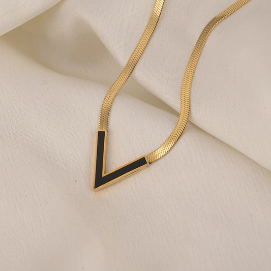 Gold Plated V Shape Black Enamel Pendant With Elegant Statement Snake Chain Necklace