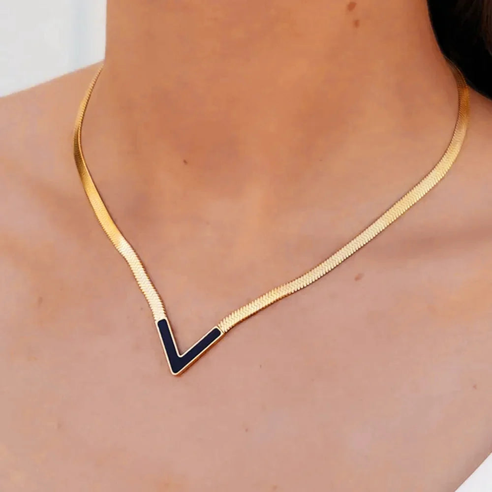 Gold Plated V Shape Black Enamel Pendant With Elegant Statement Snake Chain Necklace