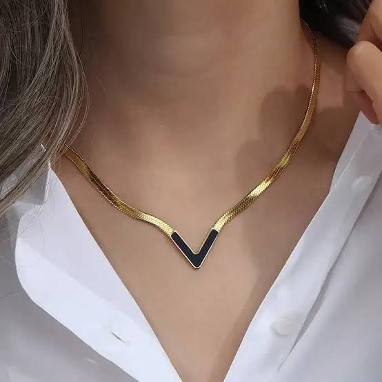 Gold Plated V Shape Black Enamel Pendant With Elegant Statement Snake Chain Necklace